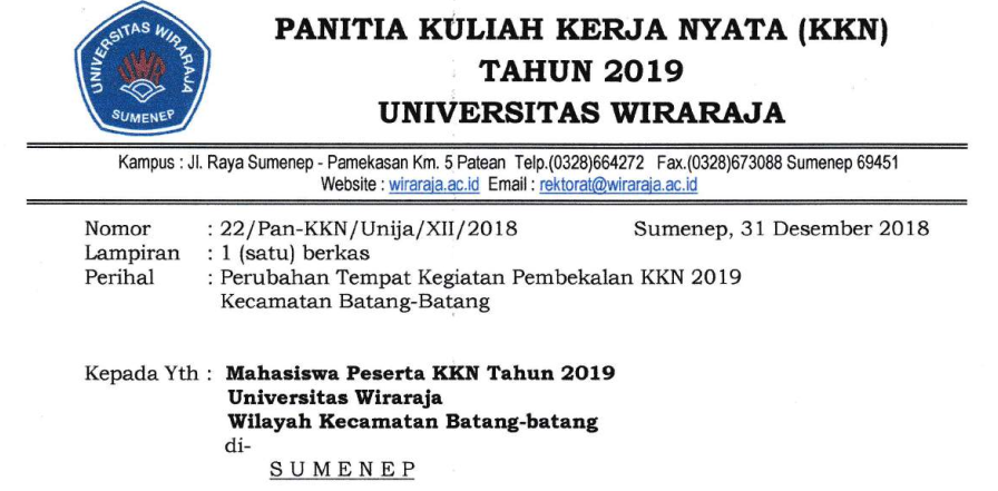 PERUBAHAN TEMPAT PELAKSANAAN PEMBEKALAN KKN TAHUN 2019 KELOMPOK KEC BATANG-BATANG